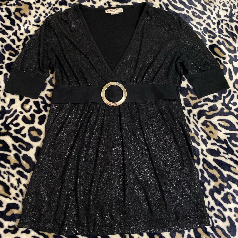 Self Esteem Black Shimmery V-Neck Belted Tunic